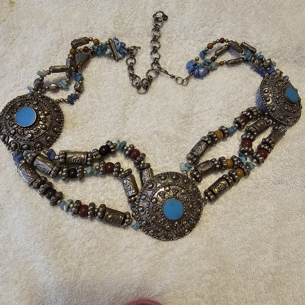 Bohemian Silver Tone and Blue Beaded Belt Or Necklace